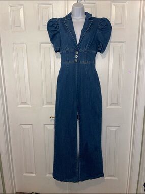 SHEIN Dark Blue Denim Puff-Sleeve Jumpsuit with Buttoned Waistband